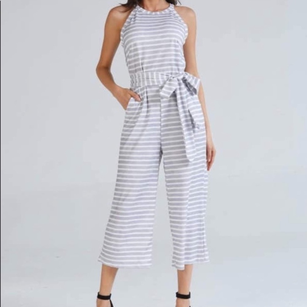 ePretty White & Grey Striped Jumpsuit with Pockets